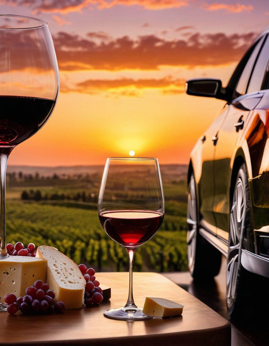 A luxurious scene featuring an elegant glass of red wine being poured into a crystal goblet, with the backdrop of a sophisticated Audi car and a sunset sky. Include rich wooden wine barrels and a gourmet cheese platter nearby, encapsulating the essence of luxury and indulgence. Capture reflections of the Audi in the glass, highlighting the fusion of exquisite taste in wines and high-performance automobiles. super-realistic. vibrant colors. warm lighting.