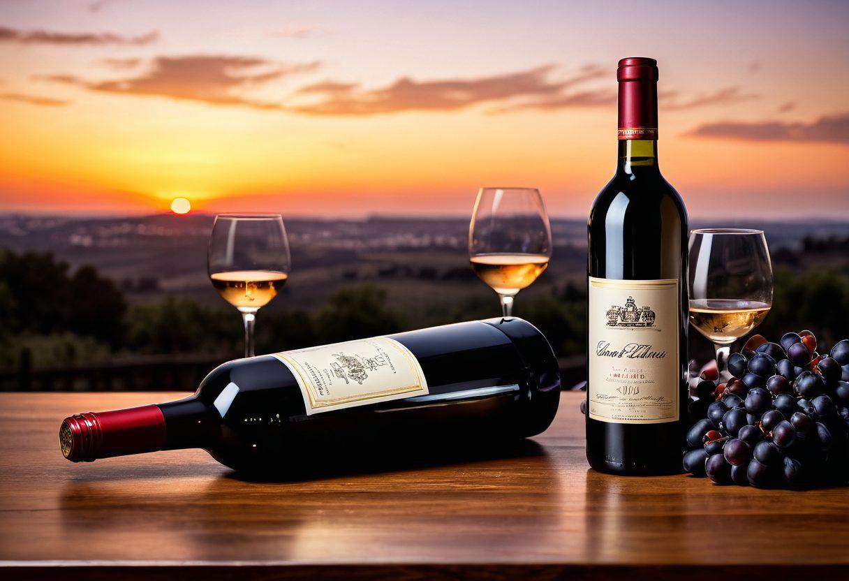 A luxurious wine bottle with intricate vintage labels rests elegantly on a polished wooden table, while a sleek Audi glistens in the background against a sunset sky. The scene captures a rich interplay of opulence and performance, with grapes and wine glasses subtly arranged nearby to enhance the gourmet ambiance. Warm lighting gives the image a nostalgic feel, embodying sophistication for enthusiasts. super-realistic. warm colors. high contrast.