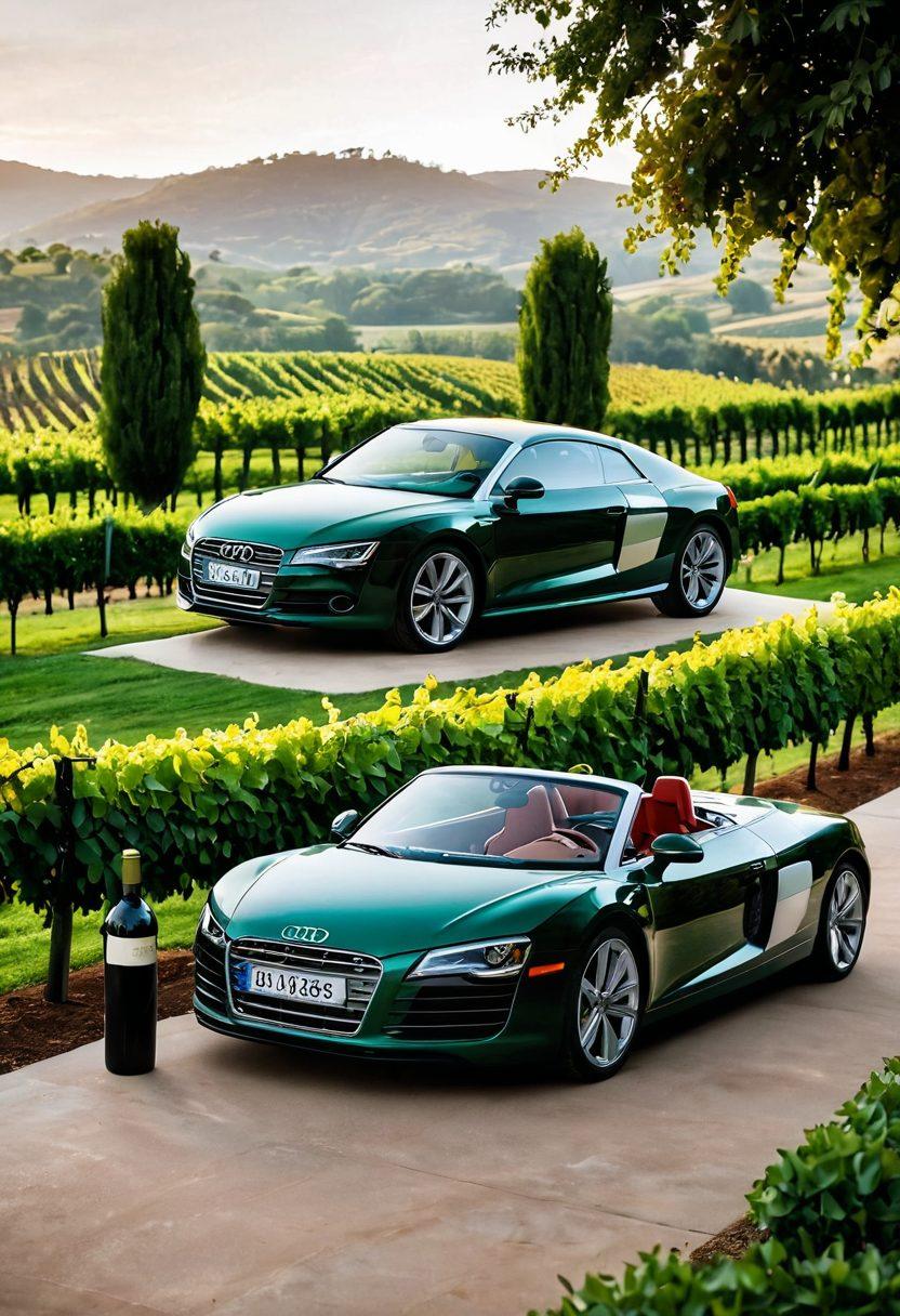 A sophisticated tableau featuring several elegant Audi models parked elegantly against a picturesque vineyard backdrop, each model surrounded by distinct wine varieties in stylish bottles. The scene evokes a sense of luxurious indulgence, with the Audi logo and lush green vines intertwined. Incorporate elements that reflect the craftsmanship of both the cars and the wines, with soft, warm lighting to enhance the overall ambiance. artistic photography. vibrant colors. cinematic depth.